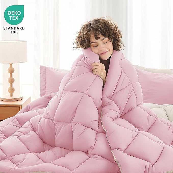 7 Pieces Full Comforter Set, Reversible Bed in a Bag Full Size, All Season Bedding Set with Comforter, Flat Sheet, Fitted Sheet, Pillowcases & Shams, Light Pink & Ivory