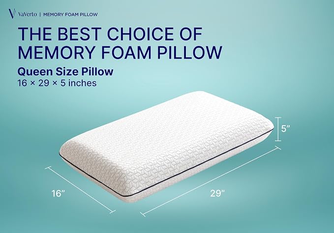 Vaverto Memory Foam Pillows Queen - Firm Pillow - Queen Size 1-Pack | Memory foam pillow -Back stomach & side sleepers -Shoulder & back pain relief - Cooling pillow washable bamboo viscose cover