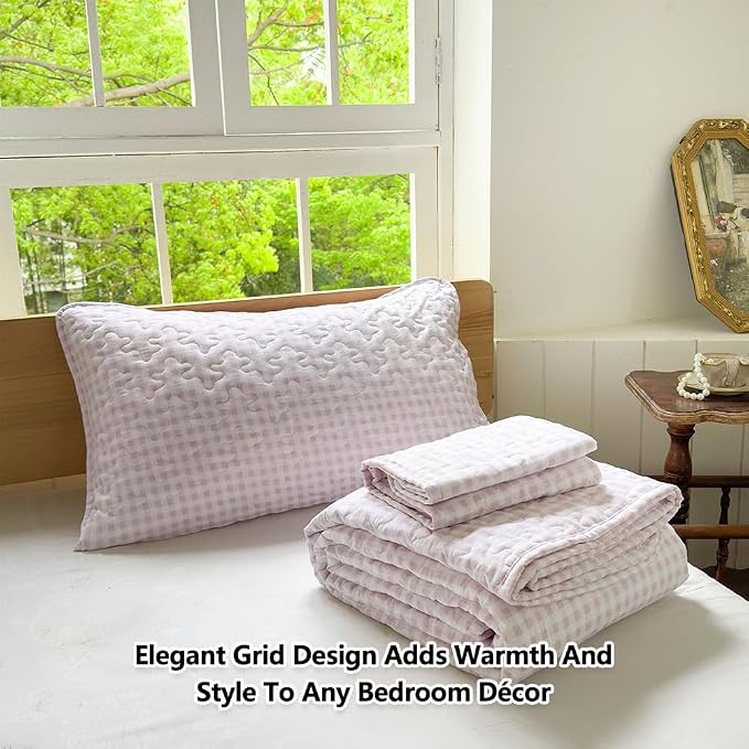 NSNLGSGC Pink Gingham Twin Summer Bedspread Quilt Set | Pre-washed Microfiber,Lightweight Checked Grid Bedding Coverlets for All Seasons