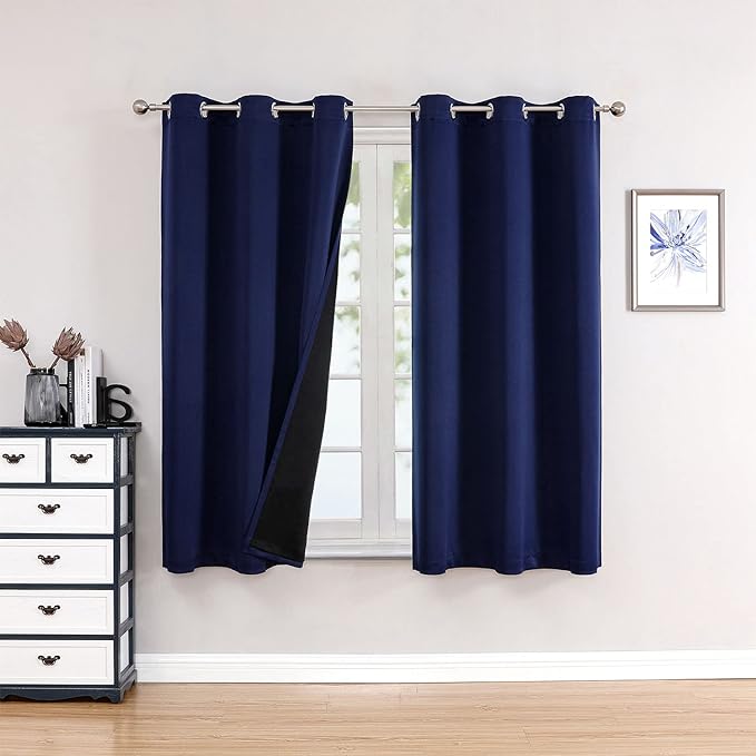 ChrisDowa 100% Blackout Curtains for Bedroom 63 Inches Long 2 Panels Set | 2 Thick Layers, Thermal Insulated, Light Blocking, Grommet, Window Treatment, Living Room Drapes, Navy Blue, 38 x 63 Inch