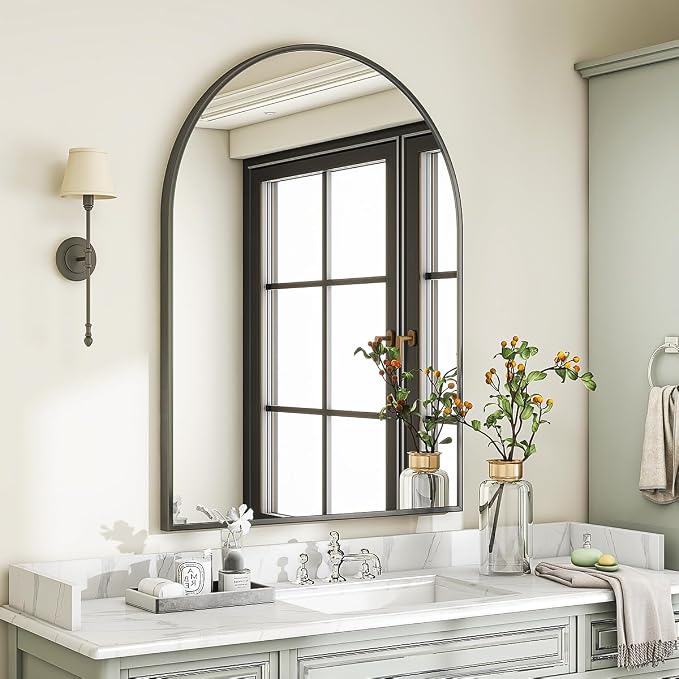 Large Arched Wall Mirror, 36 x 48 inch Arch Bathroom Mirror Black | Wall Mounted Bathroom Vanity Mirror with Arch Metal Frame, Modern Room Decor for Bedroom, Entryway, Hanging or Leaning