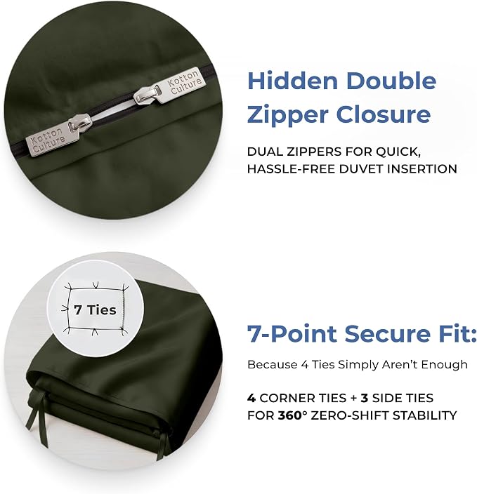 Kotton Culture 3 Pc Duvet Cover Queen Size/Full Size Set-100% Egyptian Cotton 600 Thread Count Ultra Soft Premium Durable Comforter Cover Zipper Closure & Corner Ties- (Olive Green, 90" X 90")