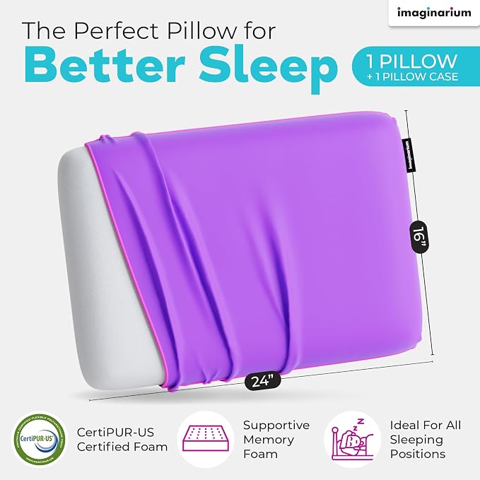 Imaginarium Memory Foam Pillow for Bed - 16" x 24" Standard – Fun Decorative Colorful Pillow for Sleeping - Back, Stomach & Side Sleepers – Includes Cooling Cover (Galactic Purple)