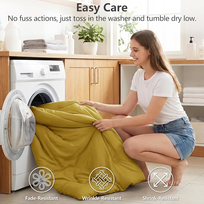 Queen Comforter Set 3-Piece Down Alternative Bedding Mustard Yellow | 270 GSM All Season Comforter with 4 Corner Ties for Use as a Duvet Insert, OEKO-TEX Certified, 2 Pillowcases, 88 x 88 in