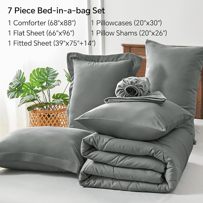 BEDELITE Twin Comforter Set 5 Pieces, Solid Dark Grey Bed in A Bag | Soft All Season Down-Alternative Comforter, Sheets, Pillowcases & Shams, OEKO-TEX Certified Bedding for Bedrrom, Guest Room