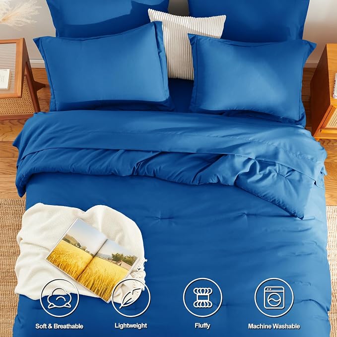 HIMEET Queen Comforter Set, 7-Piece Point-Quilted Bed in a Bag Classic Blue | OEKO-TEX Certified, Lightweight 240 GSM Comforter, Flat Sheet, 14-Inch Deep-Pocket Fitted Sheet, Pillowcases & Shams