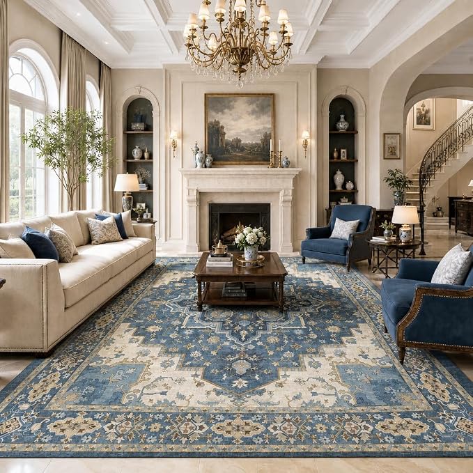 AMADA HOMEFURNISHING 8x10 Area Rug for Living Room, Vintage Washable Area Rug Low-Pile & Non-Slip Carpet for Bedroom Dining Room Nursery Home Office, Navy Blue/Beige