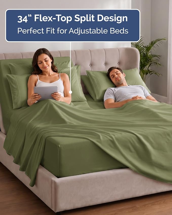 Extra Deep Flex Top Split Head King Sheet Set - 6 Piece Breathable and Cooling Sheets - Hotel Luxury Bedding for Women, Men, Kids & Teens - Easy Secure Fit - Extra Deep Pockets - Sage Green