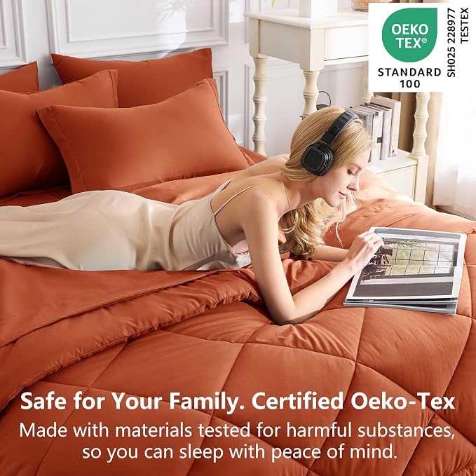 King Size Comforter Set Burnt Orange - 7 Pieces Bed in a Bag | OEKO-TEX Certified, All Season, 240GSM Down-Alternative Comforter, Sheets, Pillowcases & Shams, 14" Deep Pocket, Easy Care
