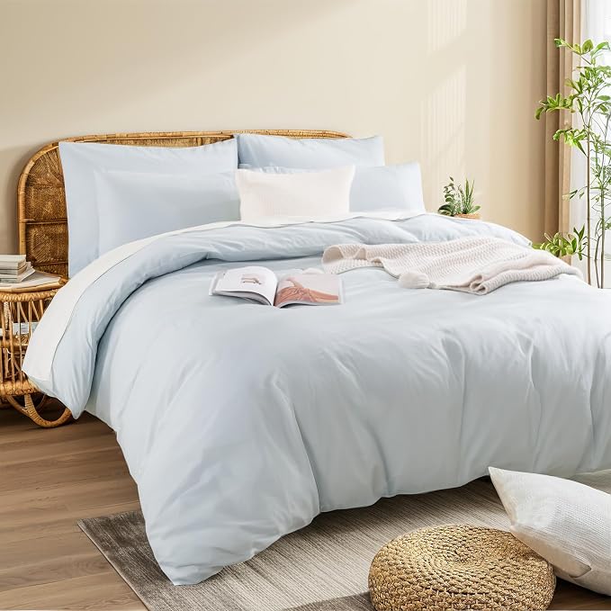 NEXHOME PRO Duvet Cover Set 100% Washed Cotton Full Size Linen Feel Textured Organic Natural 3 Pieces Bedding Set with Zipper Closure and Corner Ties, Breathable (Baby Blue, No Comforter)