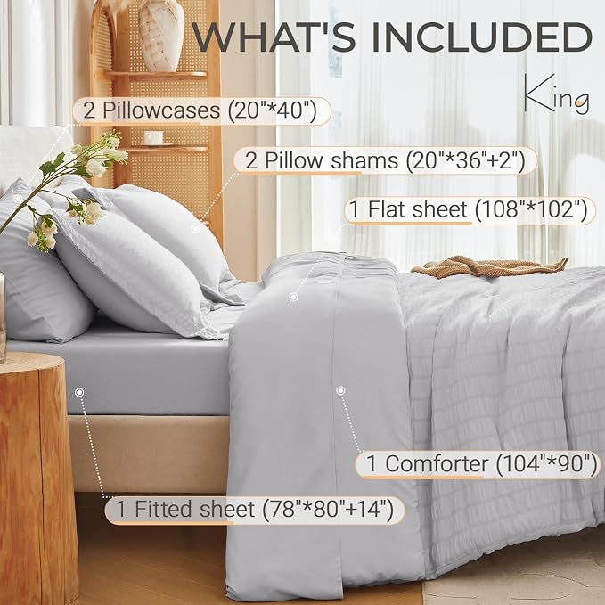 7 Pieces King Comforter Set, Seersucker Bed in a Bag King Size, All Season Luxury Bedding Set with Comforter, Flat Sheet, Fitted Sheet, Pillowcases & Shams, Light Grey