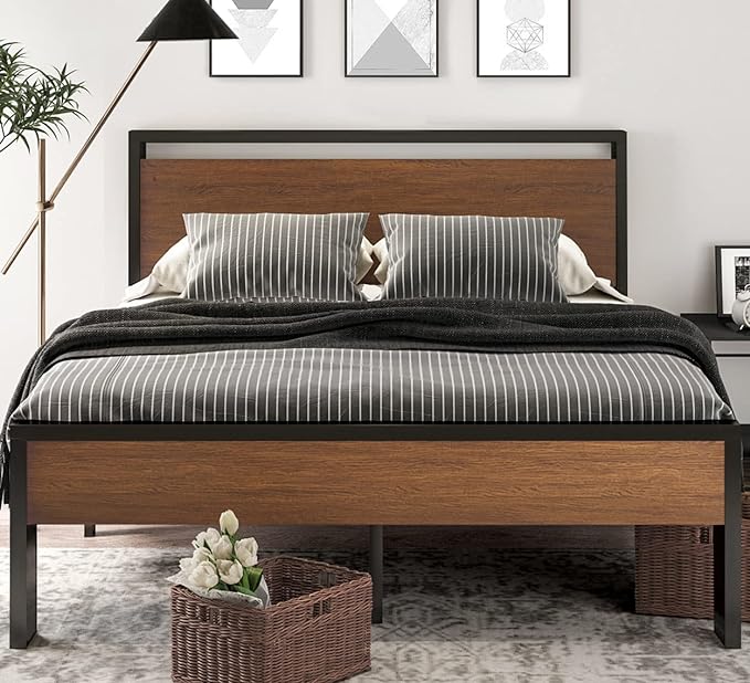 SHA CERLIN 14 Inch King Size Metal Platform Bed Frame with Wooden Headboard and Footboard, Mattress Foundation, No Box Spring Needed, Large Under Bed Storage, Walnut