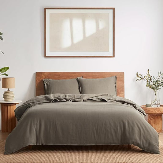 DAPU 100% French Linen Duvet Cover 3Pcs Set, 170GSM Linen Bedding, King | Soft Breathable All-Season for Hot sleepers, Corner Ties & Zipper Closure, French Linen Flax from Normandy, Gray Green