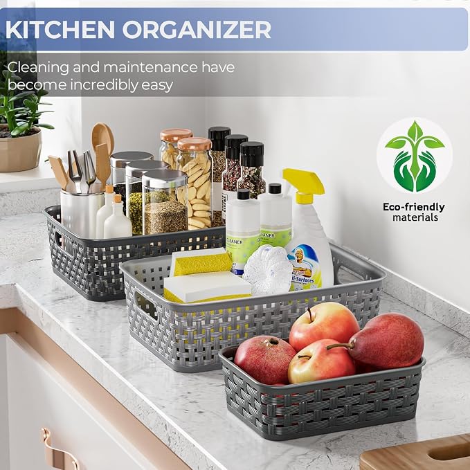 FUCDTEFC Black Plastic Basket, 8 Pack Home Organization and Storage Baskets with Handles, Space Saving Woven Organizer Bins Plastic Storage Basket for Organizing Cabinets,Closets, Shelves, Countertops | Space Saving, Woven Organizer, Plastic Bins, Stor...