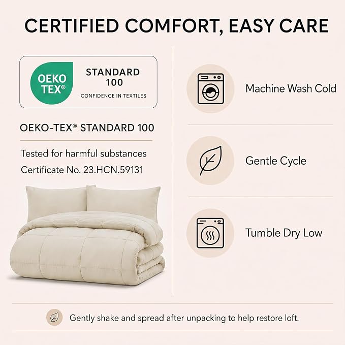 Twin XL Comforter Set Beige - 5 Pieces Twin XL Bed in a Bag | College Dorm Essentials, OEKO-TEX Certified, All Season, Down-Alternative Comforter + Flat & Fitted Sheets + 2 Pillowcases
