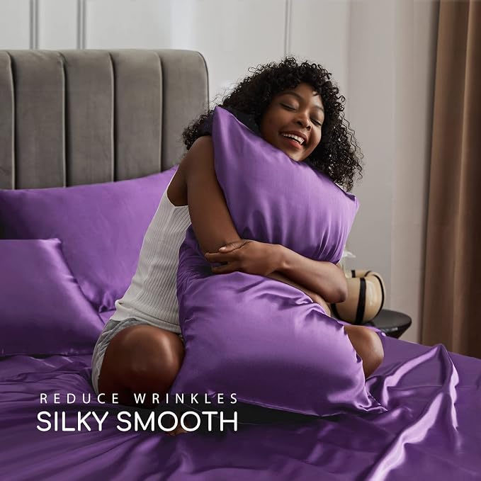 MR&HM Satin Sheets Queen Size with Elastic Corner Straps, Lavender | Similar to Silk, 6-Piece Silky Soft Bed Sheet Set, Gentle on Skin and Hair, 15" Deep Pocket, Cooling & Breathable