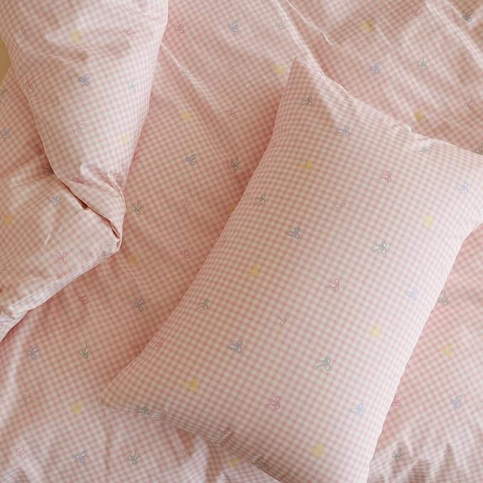 mixinni Gingham Duvet Cover Full Size, 100% Cotton Light Pink and White Gingham Bedding Set for Girls, Cute Bow Print Soft Aesthetic Cottagecore Bedding 3 Pieces (1 Duvet Cover + 2 Pillowcases)