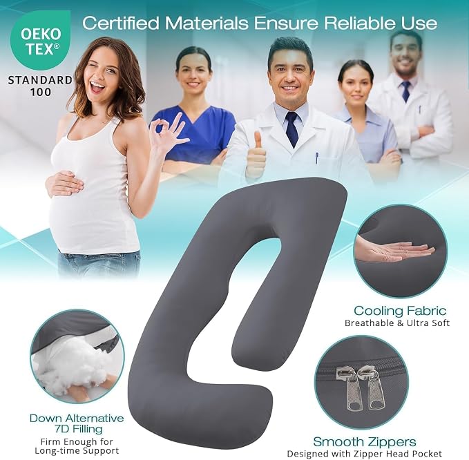 Cooling Pregnancy Pillows for Sleeping, 65'' Full Body Pillow, Dark Grey | Sasttie Maternity Pillow, OEKO-TEX, Down Alternative, Removable Cover, Pregnant Women Must Haves, Maternity Essential