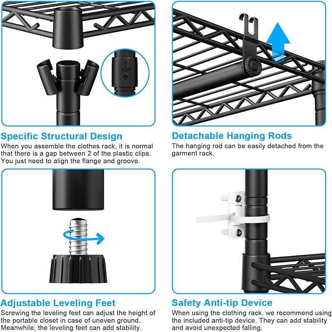E10 Clothes Rack（With Stretchable Hanger Rod）Freestanding Clothing Racks for Hanging Clothes，Adjustable Closet Organizer System，Portable Garment Rack 73-97"W x 15" D x 72" H，Max Load 800LBS，Black