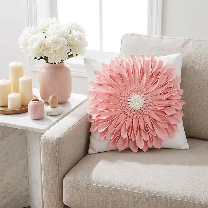OiseauVoler 3D Sunflower Handmade Throw Pillow Covers Decorative Pink Pillowcases for Couch Girls Bed Living Room Home Decor 18x18 Inches
