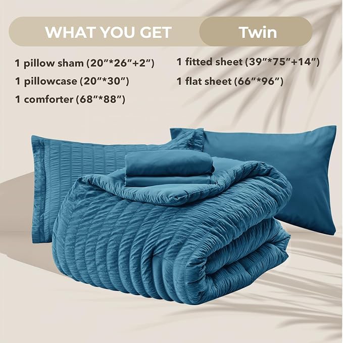 HYMOKEGE Teal Twin Comforter Set Seersucker 5 Pieces, All Season Luxury Bed in a Bag for Bedroom, Bedding Set with Comforters, Sheets, Pillowcase & Sham