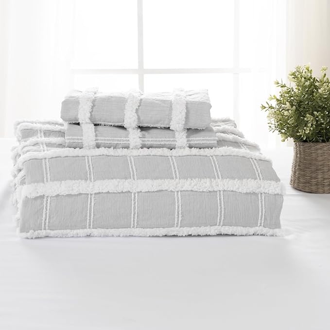 ROSE&RISY Tufted Queen Duvet Cover Set, 3 Pieces Soft & Comfortable Lightweight Textured Boho Embroidery Shabby Chic Bedding Set,Includes 1 Duvet Cover, 2 Pillow Cases (Grey Gingham,Queen)