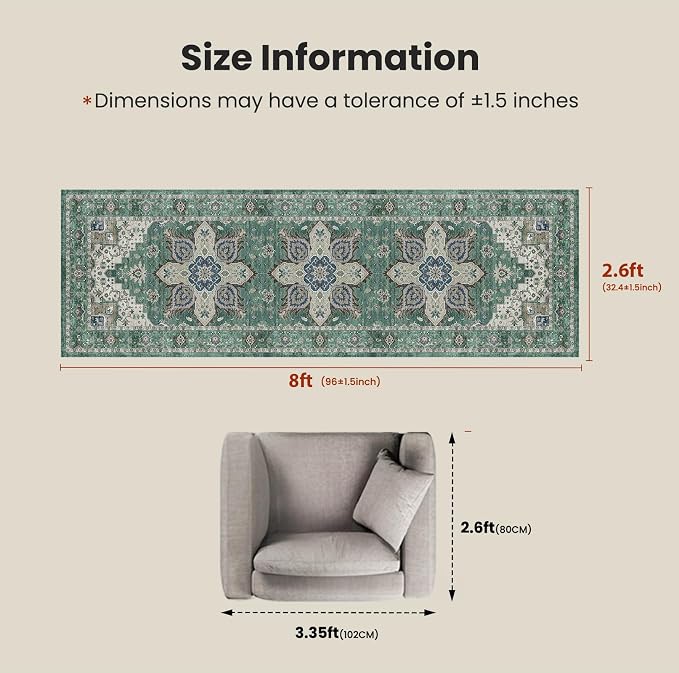 AMADA HOMEFURNISHING 2'6"x8' Washable Area Rug, Low-Profile Entryway Rug with Non-Slip Backing & Durable Edge Binding, Vintage Rug Pattern, Small Rugs for Entryway, Kitchen & Living Room