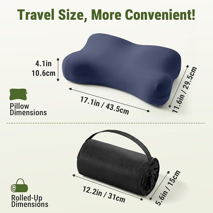 ZZ-WELL Neck Pillow for Sleeping - Memory Foam Pillows with Portable Storage Bag, Cooling Pillowcase - Soft Sleeping Pillow for Side Back Sleepers on Bed, Camping, Travel Size (Blue)