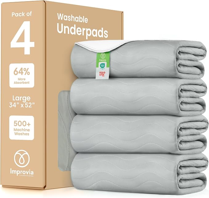 IMPROVIA® Washable Underpads, Heavy Absorbency Reusable Incontinence Pads for Kids, Adults, Elderly, and Pets, Waterproof Protection Floor (Gray, 34"x52" (Pack of 4))