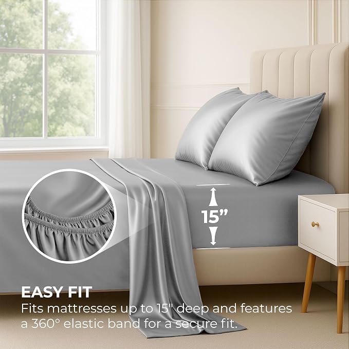 Satin Sheets Queen [4-Piece, Grey] Hotel Luxury Silky Bed Sheets - Extra Soft 1800 Microfiber Sheet Set, Wrinkle, Fade, Stain Resistant - Deep Pocket Fitted Sheet, Flat Sheet, Pillow Cases