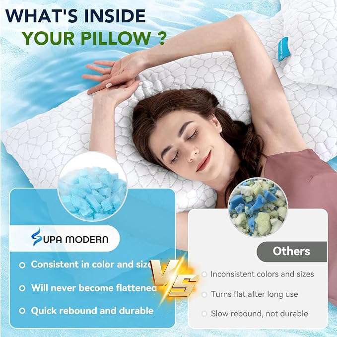 SUPA MODERN Cooling Pillow Queen Size Set of 2, CertiPUR-US Shredded Memory Foam Pillows for Sleeping, Cool Bed Pillows for Hot Sleepers, Adjustable Firm Pillow for Side,Back,Stomach Sleepers