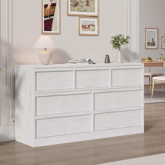 Garvee 7 Dresser for Bedroom, 54" Wide Dresser, Freestanding Horizontal Drawer with Storage, Wooden Closet Chest Storage for Living Room, Hallway, Entryway, White