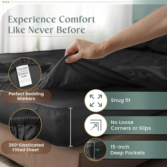 100% Cotton King Size Sheets Set, 4 Piece Sheet & Pillowcase Sets -Charcoal | 800 Thread Count, Sateen Weave, Hotel Luxury King Sheet Set, 15" Deep Pocket, Buttery Soft, Cool & Breathable Cotton Sheets