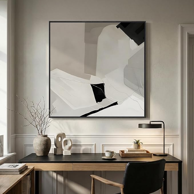 Extra Large Framed Black White Abstract Wall Art for Living Room, 40x40 In | Oversized, Canvas prints, Modern paintings, Neutral minimalist pictures, Square artwork, Dining room, Bedroom wall decor