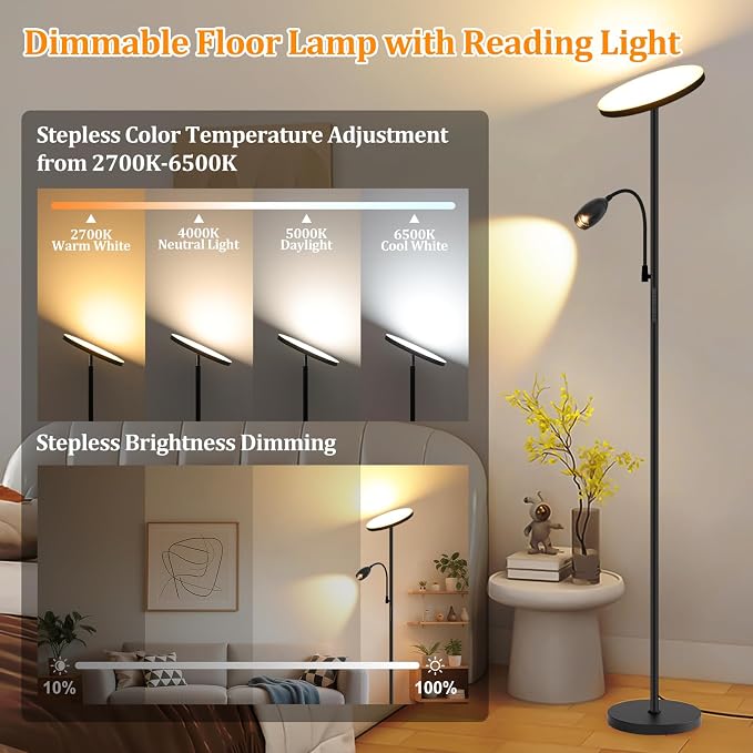 Reading Floor Lamp, 72" Tall LED Lamp with Flexible Gooseneck, Dimmable Zoomable Spotlight, Adjustable Color Beam Torchiere Lamp, Touch & Remote Control, Task Craft Bedroom Living Room, Matte Black | Adjustable Color Beam Standing Lamp, 10W, Touch & Re...