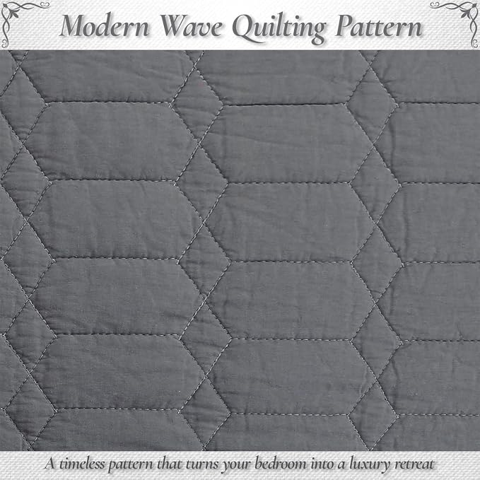 Cozy Line Home Fashions 100% Cotton Quilt Set – 3-Piece Charcoal Gray Solid Classic Modern Geometric Quilted Bedspread with Shams, Lightweight All Season Modern Bedding (Hexagon Gray, Queen)