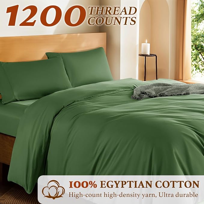 DEITAS 100% Cotton King Duvet Covers 3 Piece,1200 Thread Count，Olive Green | Luxury Egyptian Cotton Comforter Cover With Zipper Closure, Ultra Cooling Breathable, Hotel Bedding Duvet Covers
