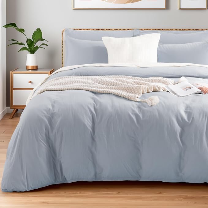 NEXHOME PRO Queen Duvet Cover Set, 100% Washed Cotton with Linen-Like Texture, Natural Organic, Breathable & Comfortable, Includes Home Bedding Set Cornflower Blue (No Comforter) 9090