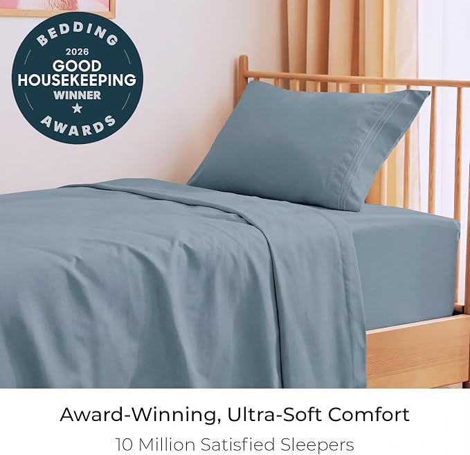 Mellanni Iconic 3-Piece, Ultra Soft Sheet Set (Twin, Spa Blue) | 10M+ Sleepers. Lab-tested: Sleeps Cool, Stays Bright, Strong, Smooth. Good Housekeeping Best Bedding, 7 yrs running.