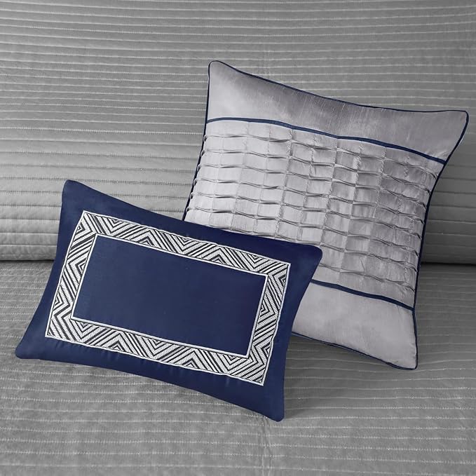 Madison Park Lustrous Jacquard Lightweight Navy Queen Quilt Set, 6pc | All Season Bedding Set, Glitter Accent Coverlet Set, Machine Washable, Cozy, Breathable, Soft, Modern, Casual