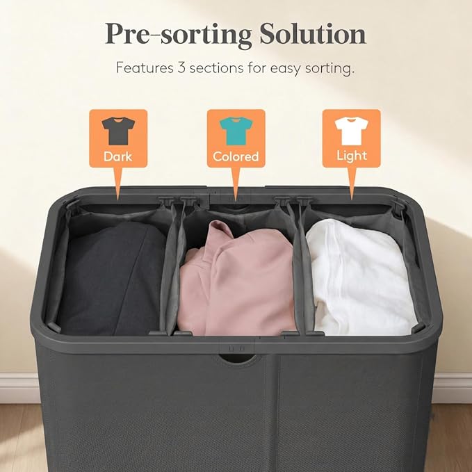 Lifewit 165L 3 Section Laundry Hamper with Lid, Laundry Basket, Dark Gray | Large Foldable Laundry Sorter with 3 Removable Bags, Tall Clothes Hamper for Bedroom and Bathroom