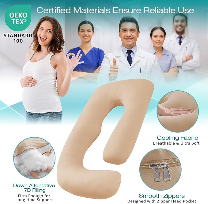 Cooling Pregnancy Pillows for Sleeping, 57'' Full Body Pillow, Beige | Sasttie Maternity Pillow, OEKO-TEX, Down Alternative, Removable Cover, Pregnant Women Must Haves, Maternity Essential
