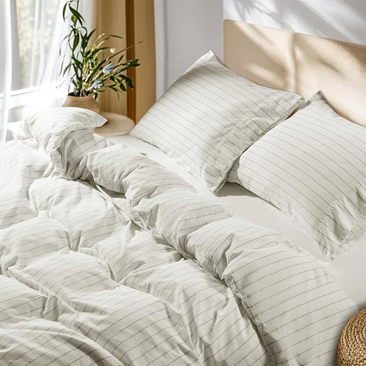 SONORO KATE 100% French Linen Queen Duvet Cover Set,Zipper Closure,3PC | Natural French Flax,Soft Breathable for Hot Sleepers,Moisture Wicking & Durable,4 Corner Ties,White & Dark Grey Stripes