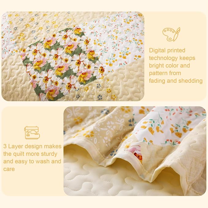 Exclusivo Mezcla Reversible Boho Quilt King Size Yellow | Lightweight Soft Bedspreads, All Season Patchwork Coverlet Bedding Set, Printed Floral Pattern, 1 Quilt and 2 Pillow Shams