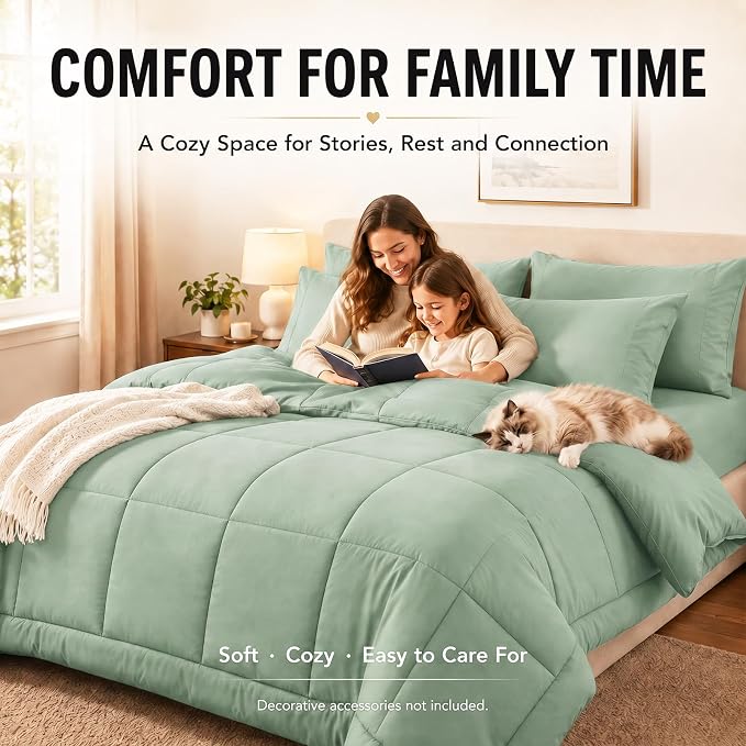 Full Size Comforter Sets Sage Green - 7 Pieces Bed in a Bag | OEKO-TEX Certified, All-Season, Bedroom, Guest Room, Down-Alternative Comforter + Flat & Fitted Sheets + 4 Pillowcases