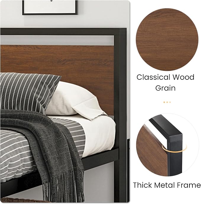 SHA CERLIN 14 Inch Queen Size Metal Platform Bed Frame with Wooden Headboard and Footboard, Mattress Foundation, No Box Spring Needed, Large Under Bed Storage, Non-Slip Without Noise, Walnut