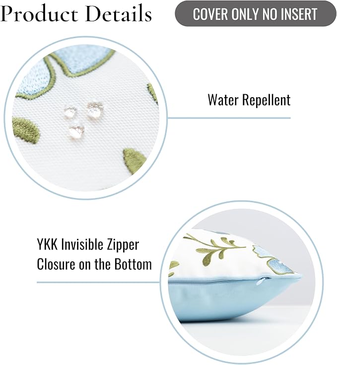 Hofdeco Premium Coastal Patio Indoor Outdoor Throw Pillow Cover Only, 18"x18" Water Repellent for Backyard, Couch, Baby Blue Green Embroidered Hibiscus Floral with Piping (Pack of 2)