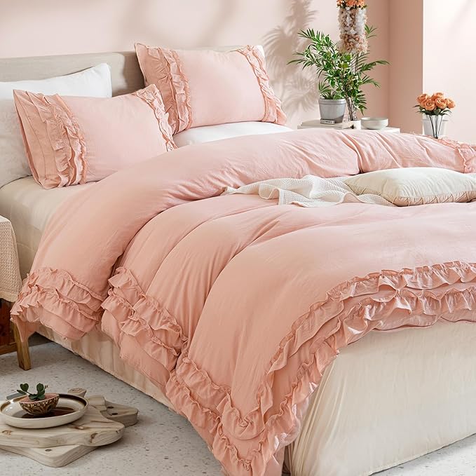 Pink Ruffled Duvet Cover Girls Coquette Bedding Set Cute Lace Fringe Ruffle Bedding Shabby Chic Farmhouse Style Super Soft Cozy Elegant Cover Cover Set Queen Size