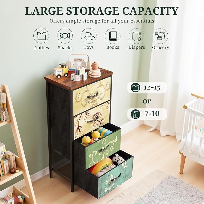 4 Drawers Dresser for Bedroom Fabric Storage Tower with Wooden Top | Steel Frame Tall Chest of Drawers for Closet, Entryway, Dorm, Floral Painted