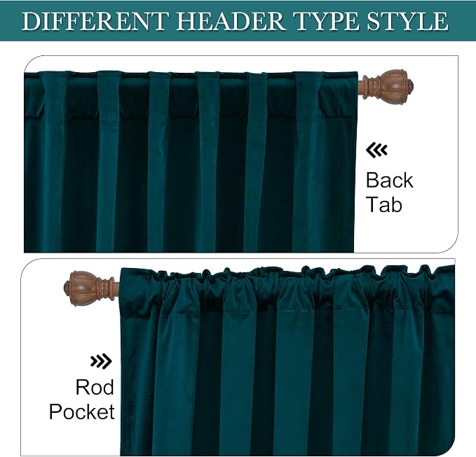 RYB HOME Velvet Curtains 120 inches Long, Extra Long High Ceiling Curtains | Thermal Insulated, Room Darkening, Luxury Decor for Villa Room Large Sliding Patior Door, Peacock Blue, W52 x L120, 2 Panels